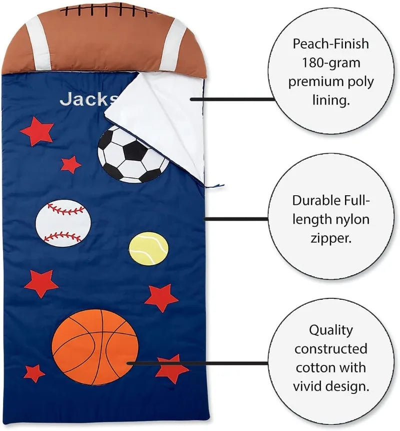 Lillian Vernon Kids Sports Print Personalized Lightweight Indoor Sleeping Bag with Detachable Pillow,