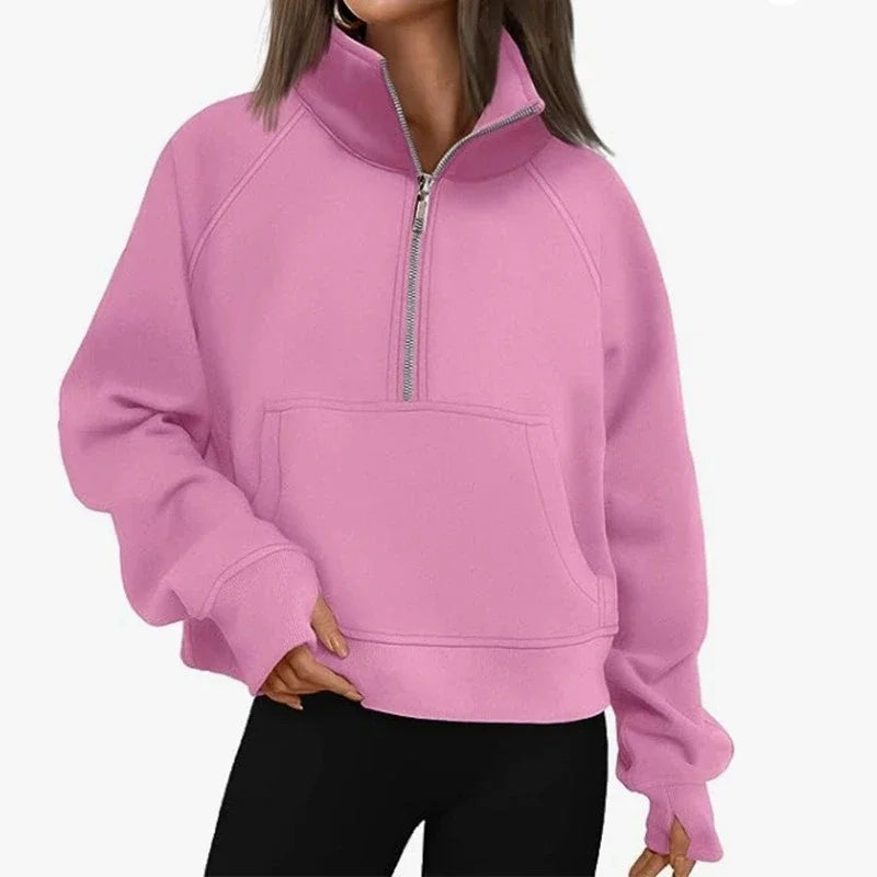 New Women All Season Stand Collar Fleece Hoodie Long Sleeve Pocket Loose Fit Half Zip Pullover Solid Color