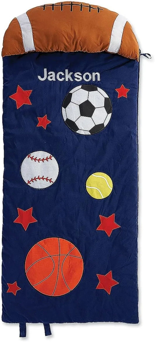 Lillian Vernon Kids Sports Print Personalized Lightweight Indoor Sleeping Bag with Detachable Pillow,