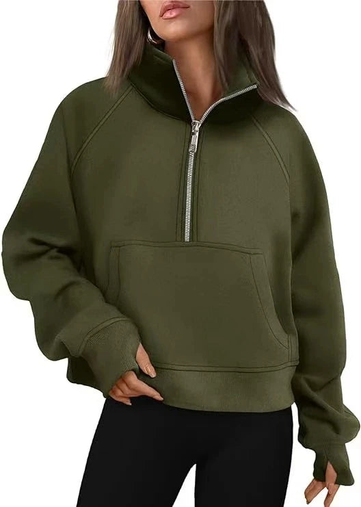 New Women All Season Stand Collar Fleece Hoodie Long Sleeve Pocket Loose Fit Half Zip Pullover Solid Color