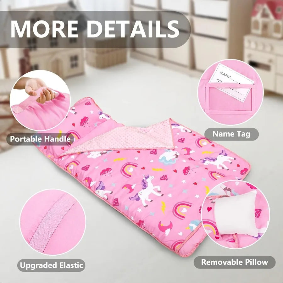 Toddler Nap Mat with Removable Pillow and Fleece Blanket Extra Large 55''x35'' Sleeping Bag Washable Light Easy to Roll up Perf