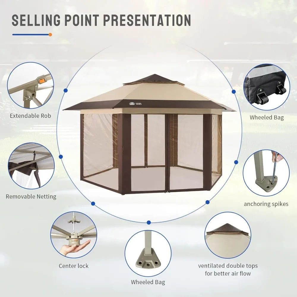13x13 Pop up Gazebo with Mosquito Nettings, Patented Center Lock 6-Sided Portable Gazebo, 300D Silver-Coated Fabric UV Resistan