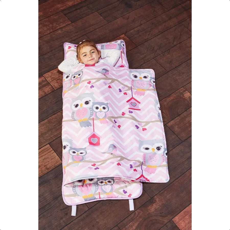 Nap Mat with Removable Pillow Sweet Owls Carry Handle with Straps Closure Rollup Design Soft for Preschool Daycare Travel Sleep