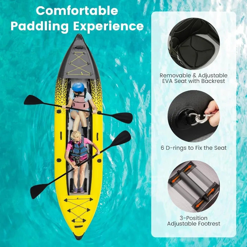 GYMAX Inflatable Tandem Kayak 12.5 Ft 507 Lb Capacity With 2 Aluminum Paddles 2 Padded Seats Footrests Carry Bag
