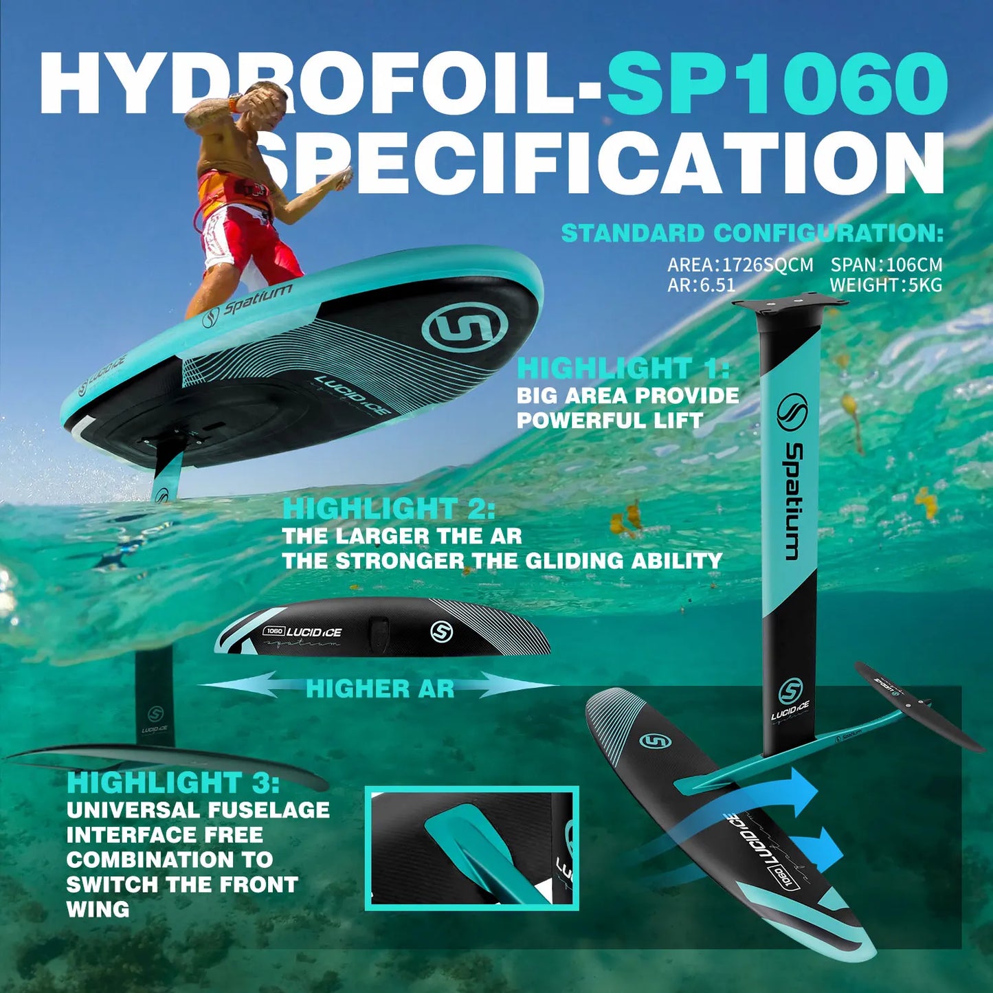 Spatium Inflatable Hydrofoil Board Surfing SUP Board for Lucid ICE Hydrofoil Board-100L/120L/160L