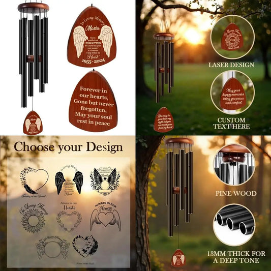 custom engraved wooden wind chimes for memorial, deep tone outdoor tribute