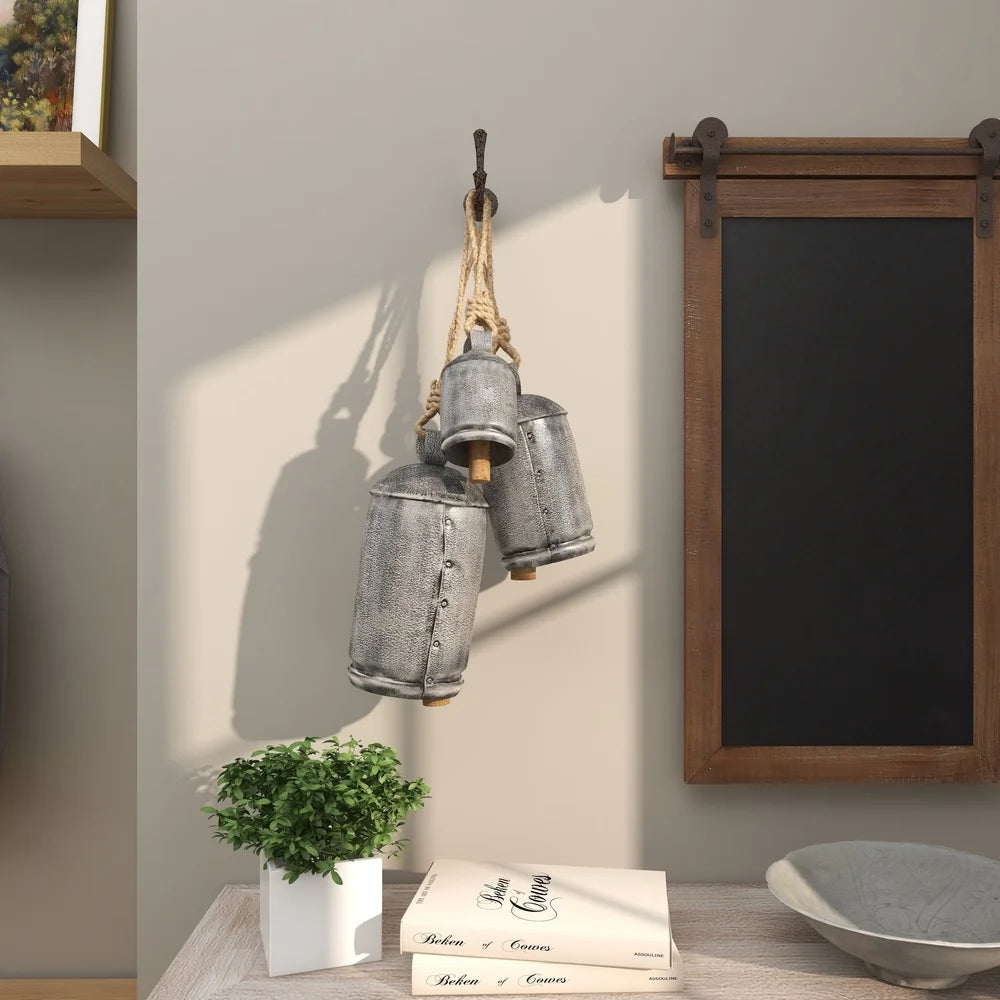 Rustic Metal Tibetan Inspired Decorative Hanging Bell Chime Set of 3 Indoor Outdoor Meditation Bells with Jute Rope