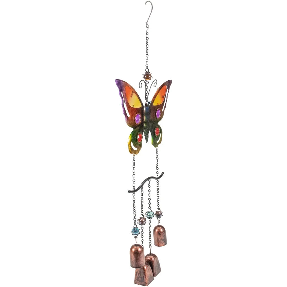24 Inch Butterfly Wind Chime Outdoor Decor with Faux Jewels 4 Bell Chimes Easy Hang Metal Chain Garden