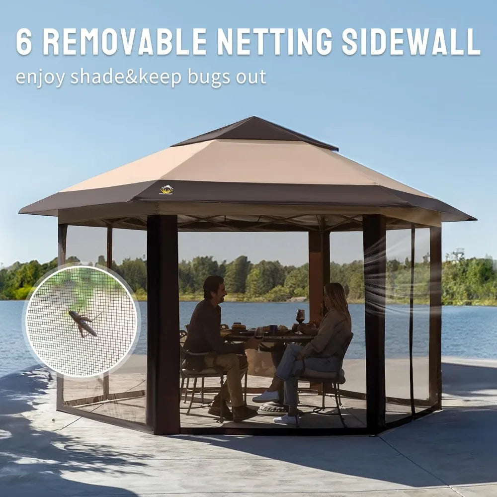 13x13 Pop up Gazebo with Mosquito Nettings, Patented Center Lock 6-Sided Portable Gazebo, 300D Silver-Coated Fabric UV Resistan