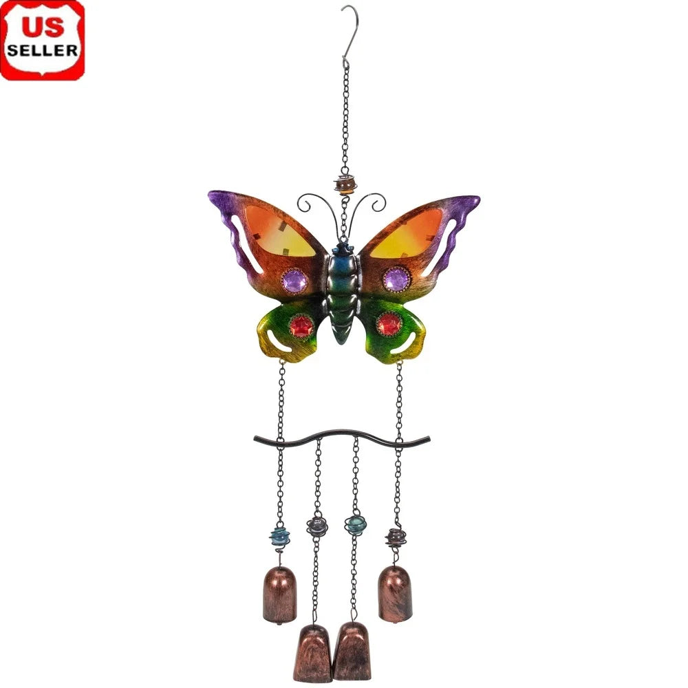 24 Inch Butterfly Wind Chime Outdoor Decor with Faux Jewels 4 Bell Chimes Easy Hang Metal Chain Garden