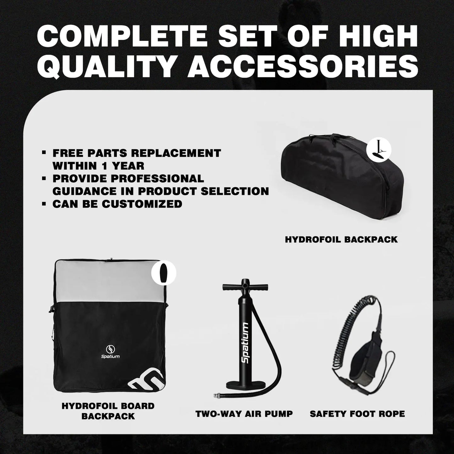 Spatium Hydrofoil Board for Surfing with Hydrofoil Accessories Inflator Pump, Backpack, Safe Leash, Fix Kit Hydrofoil Gray