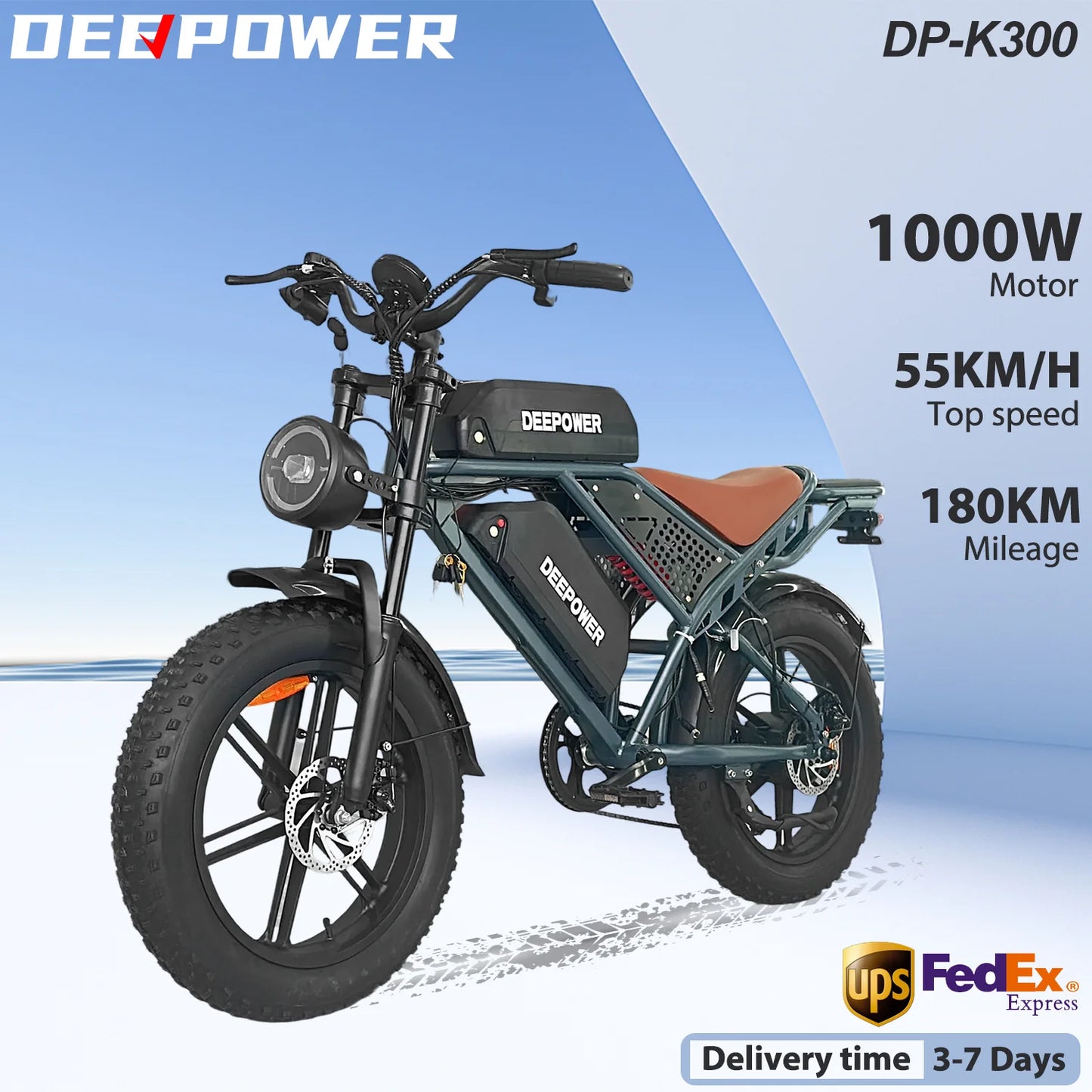 Deepower Electric Bike QS7 1000W 48V 60AH 20 Inch Fat Tire Ebike for Adults Mountain Off-Road Dual Batteries Electric Bicycle