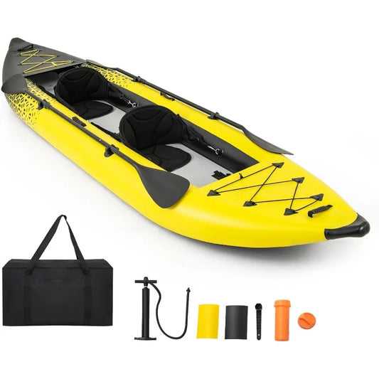 GYMAX Inflatable Tandem Kayak 12.5 Ft 507 Lb Capacity With 2 Aluminum Paddles 2 Padded Seats Footrests Carry Bag