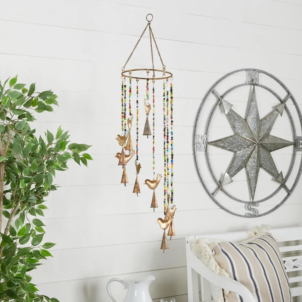 Gold Metal Bird Wind Chime with Glass Beads Cone Bells Indoor Décor Whimsical Musical Art Home Relaxation Gift Unique Design