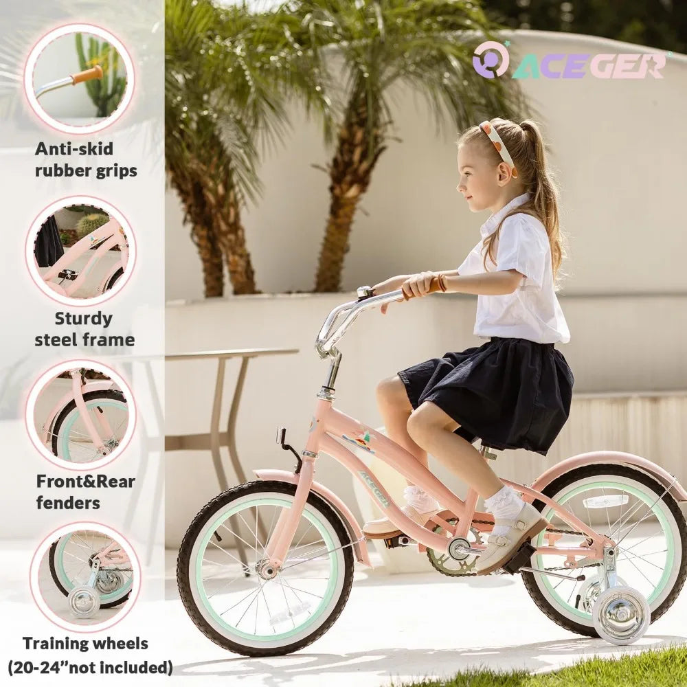Children's Beach Cruiser Bicycle, Suitable for Ages 5-13, Available in 16, 18, 20, 24 Inch Sizes with Single Speed and Coaster B