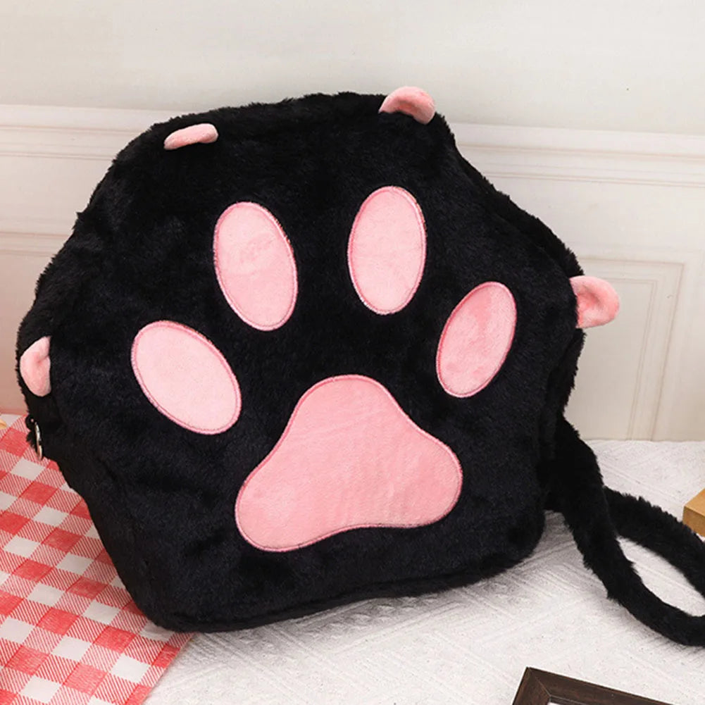 Cute Cat Paw Plush Backpack With Adjustable Straps Cartoon School Bag For Women And Girls
