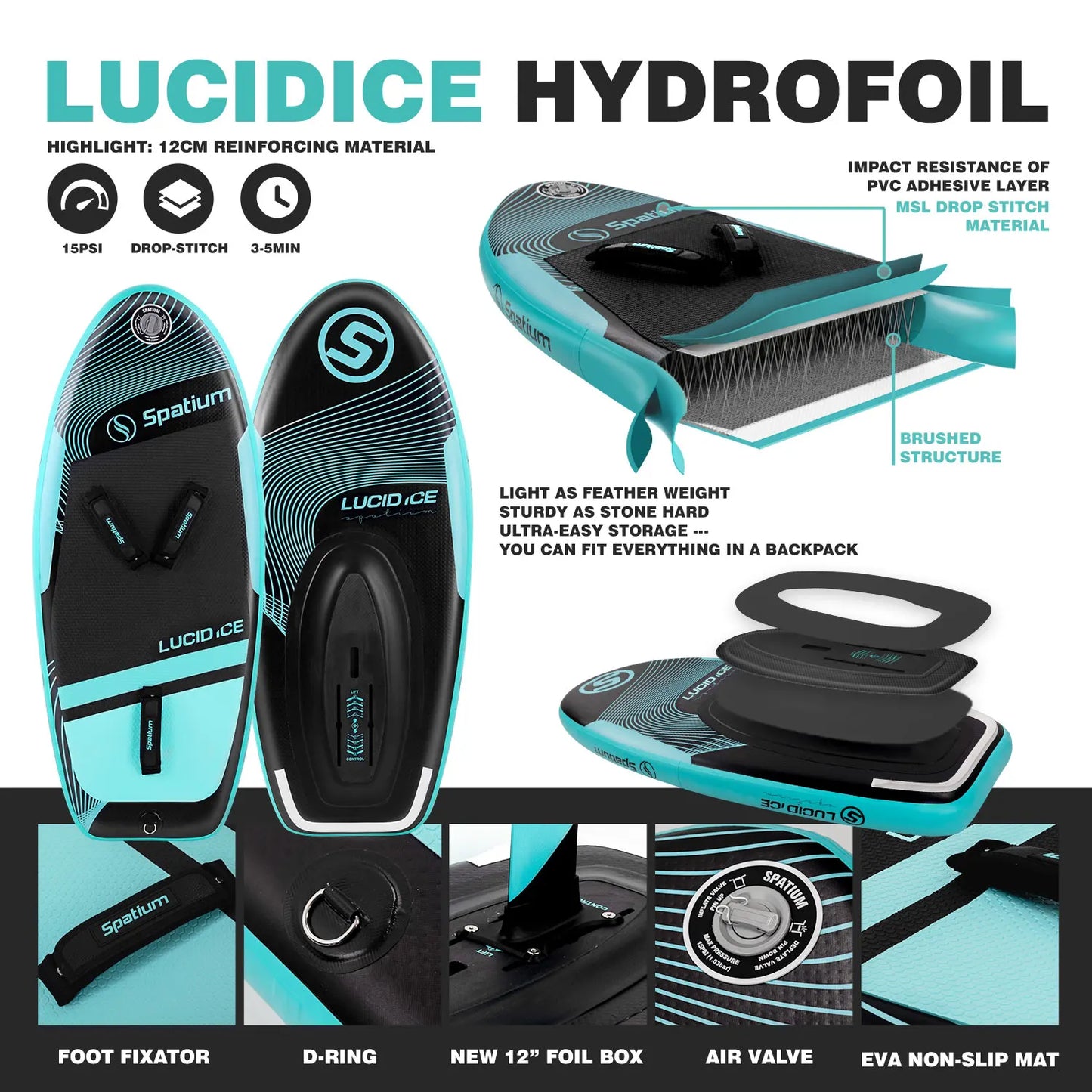 Spatium Inflatable Hydrofoil Board Surfing SUP Board for Lucid ICE Hydrofoil Board-100L/120L/160L