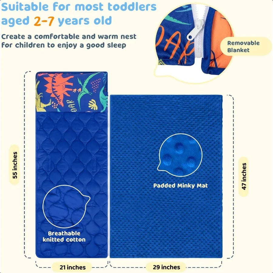 Toddler Nap Mat Extra Large 5529 for 27 Years Cotton Daycare Nap Mats with Removable Minky Blanket and Pillow Boys Sleeping Mat