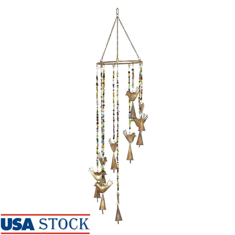 Gold Metal Bird Wind Chime with Glass Beads Cone Bells Indoor Décor Whimsical Musical Art Home Relaxation Gift Unique Design