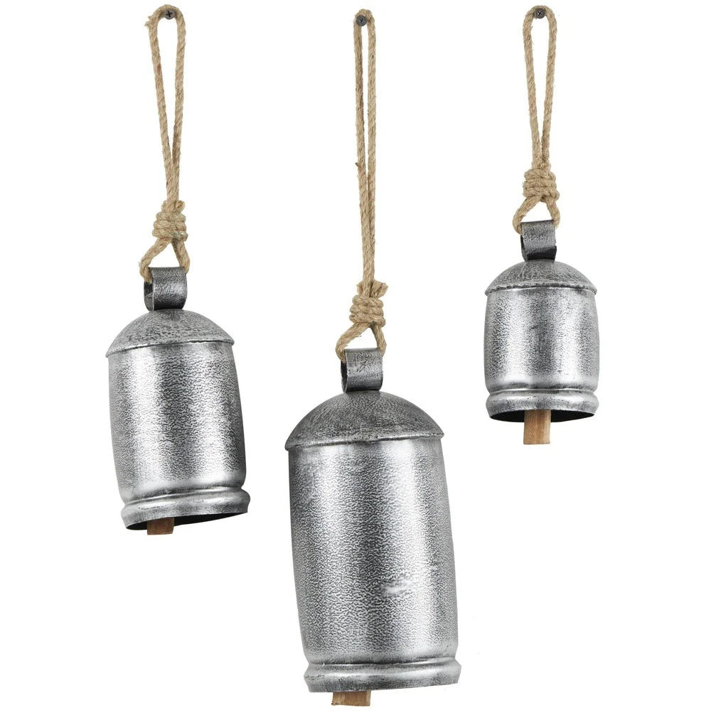 Rustic Metal Tibetan Inspired Decorative Hanging Bell Chime Set of 3 Indoor Outdoor Meditation Bells with Jute Rope