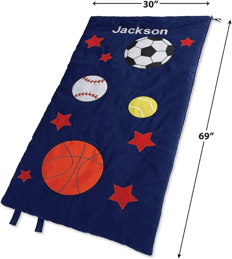Lillian Vernon Kids Sports Print Personalized Lightweight Indoor Sleeping Bag with Detachable Pillow,