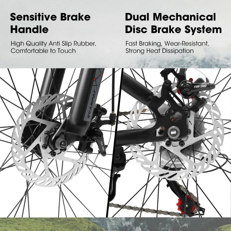 24 Inch Mountain Bike for Teenagers High Carbon Steel Frame Disc Brakes Durable Design Brown Edge Tires Ideal School Commuting