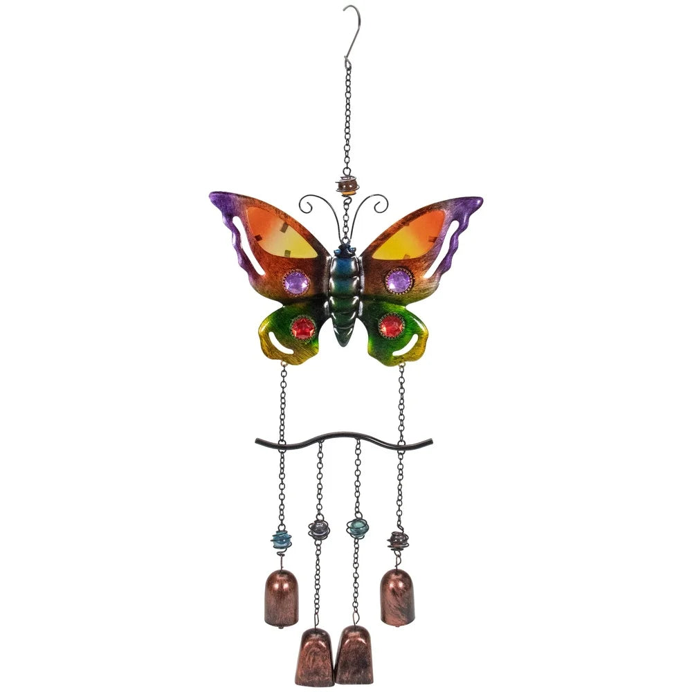 24 Inch Butterfly Wind Chime Outdoor Decor with Faux Jewels 4 Bell Chimes Easy Hang Metal Chain Garden