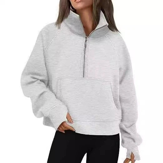 New Women All Season Stand Collar Fleece Hoodie Long Sleeve Pocket Loose Fit Half Zip Pullover Solid Color
