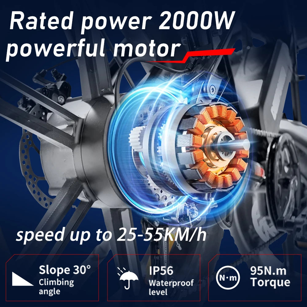 Deepower Electric Bike QS7 1000W 48V 60AH 20 Inch Fat Tire Ebike for Adults Mountain Off-Road Dual Batteries Electric Bicycle