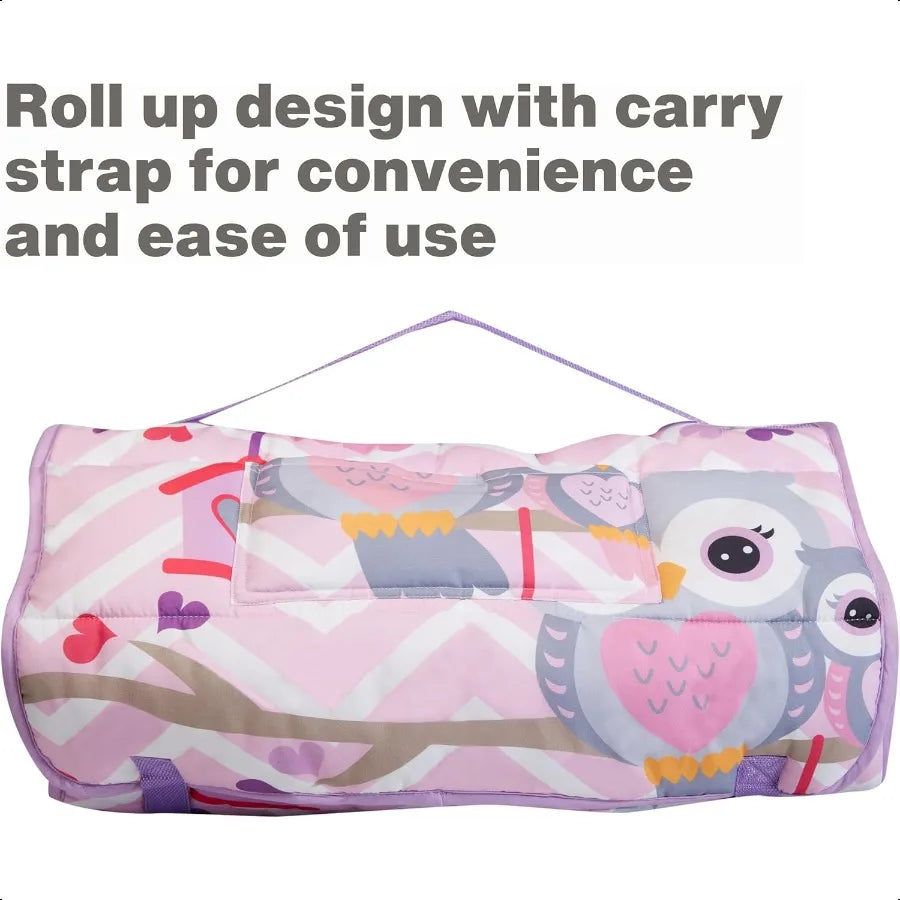 Nap Mat with Removable Pillow Sweet Owls Carry Handle with Straps Closure Rollup Design Soft for Preschool Daycare Travel Sleep