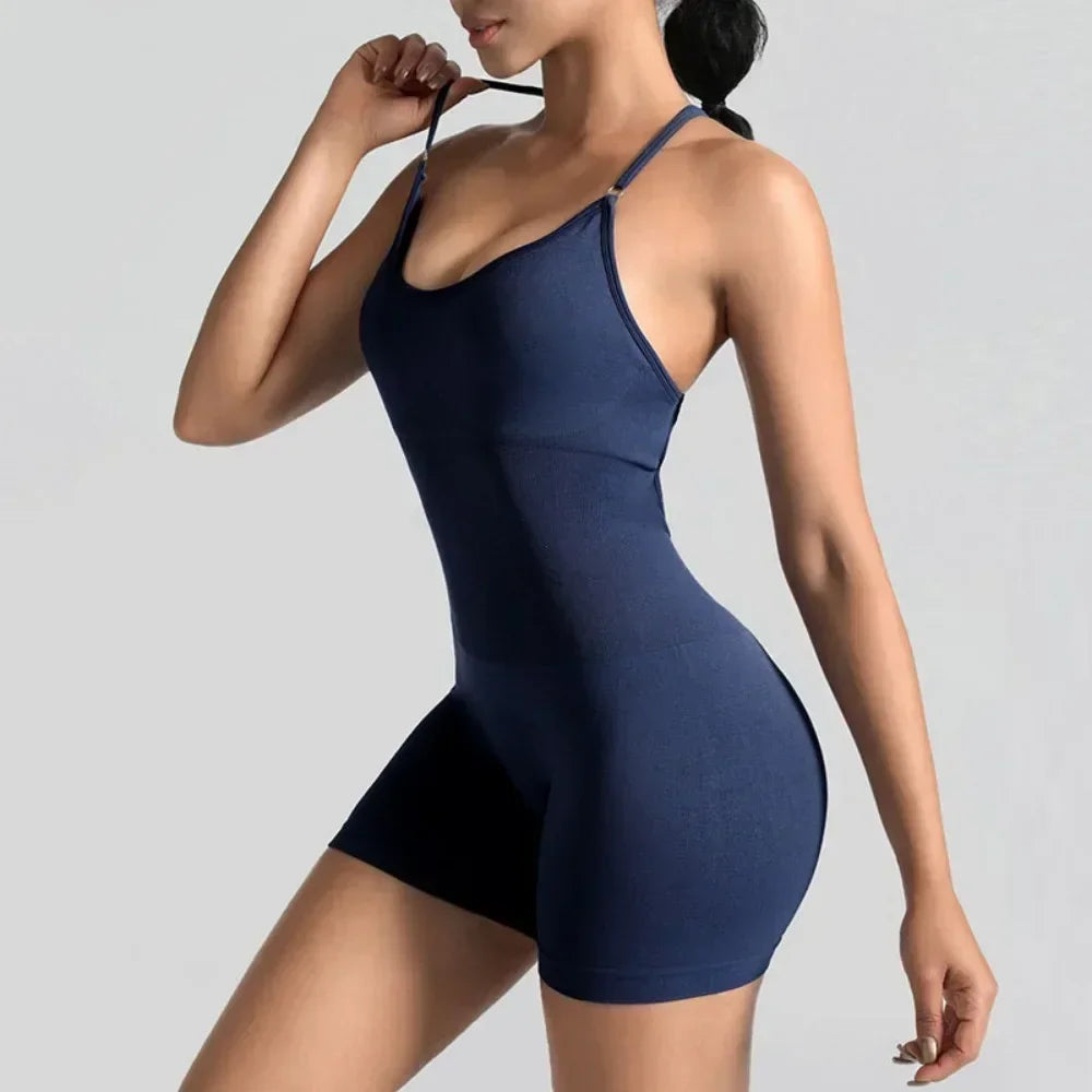 One Piece Cross Adjustable Backless Fitness Jumpsuit For Women Scrunch Shorts Yoga Gym Playsuit Romper