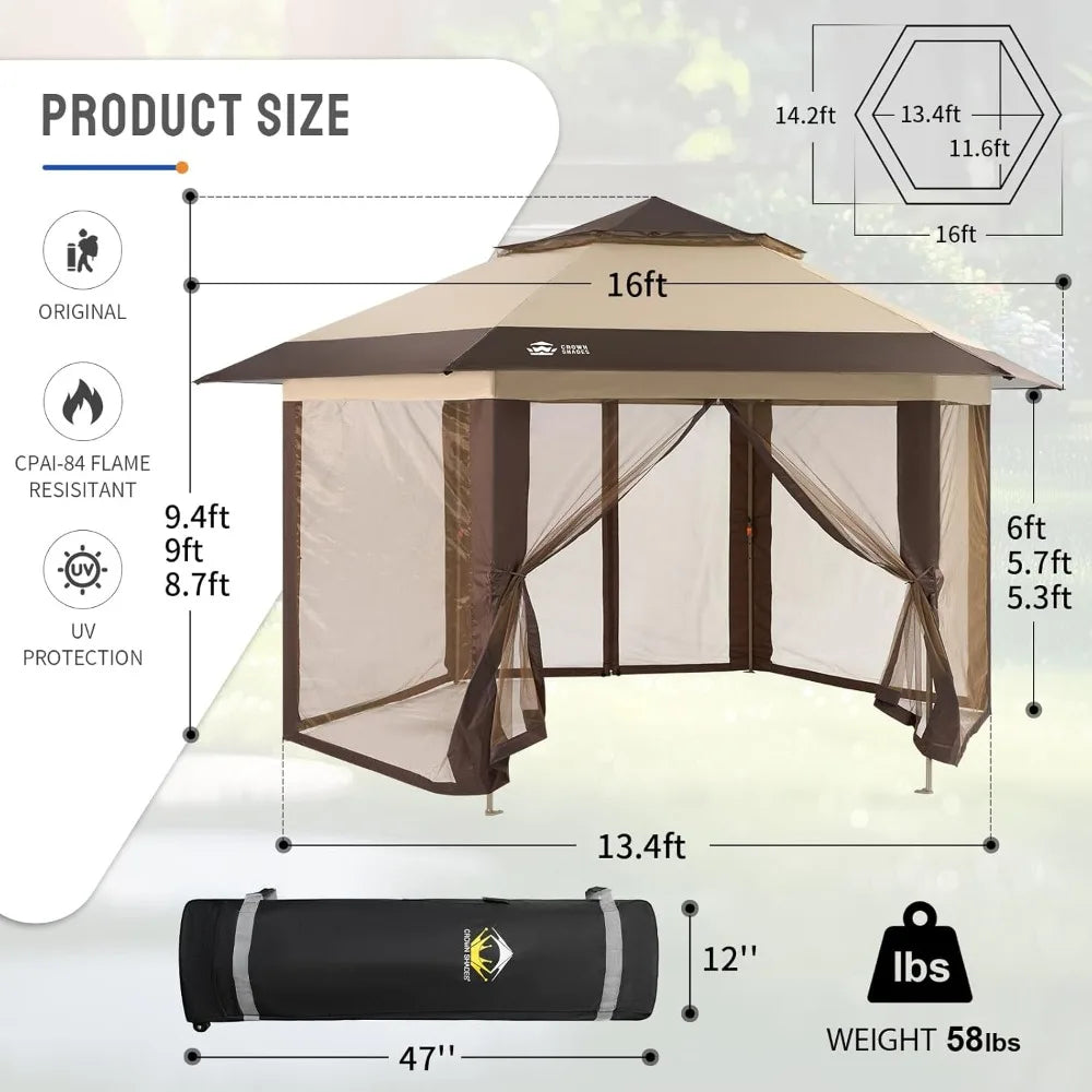 13x13 Pop up Gazebo with Mosquito Nettings, Patented Center Lock 6-Sided Portable Gazebo, 300D Silver-Coated Fabric UV Resistan