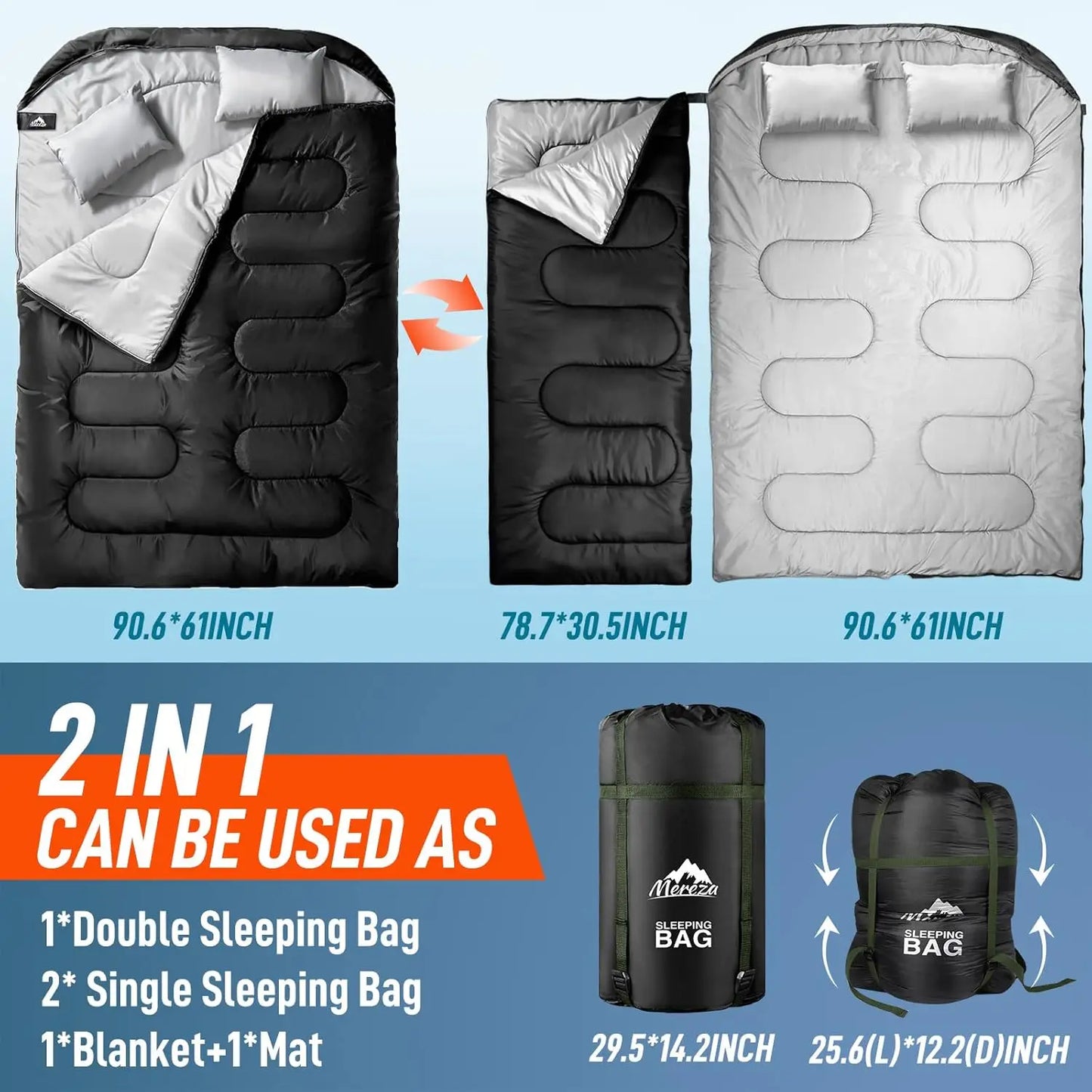 Double Sleeping Bag for Adults Mens with Pillow, XL Queen Size Two Person Sleeping Bag for All Season Camping Hiking