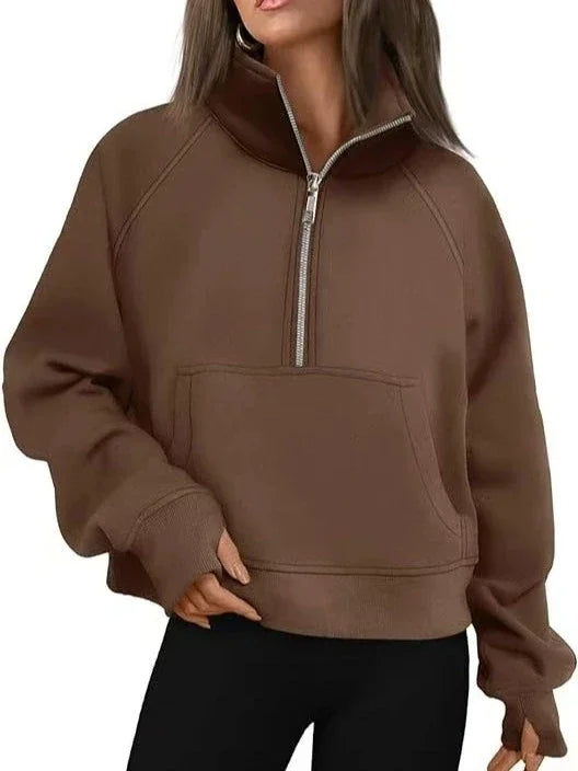 New Women All Season Stand Collar Fleece Hoodie Long Sleeve Pocket Loose Fit Half Zip Pullover Solid Color