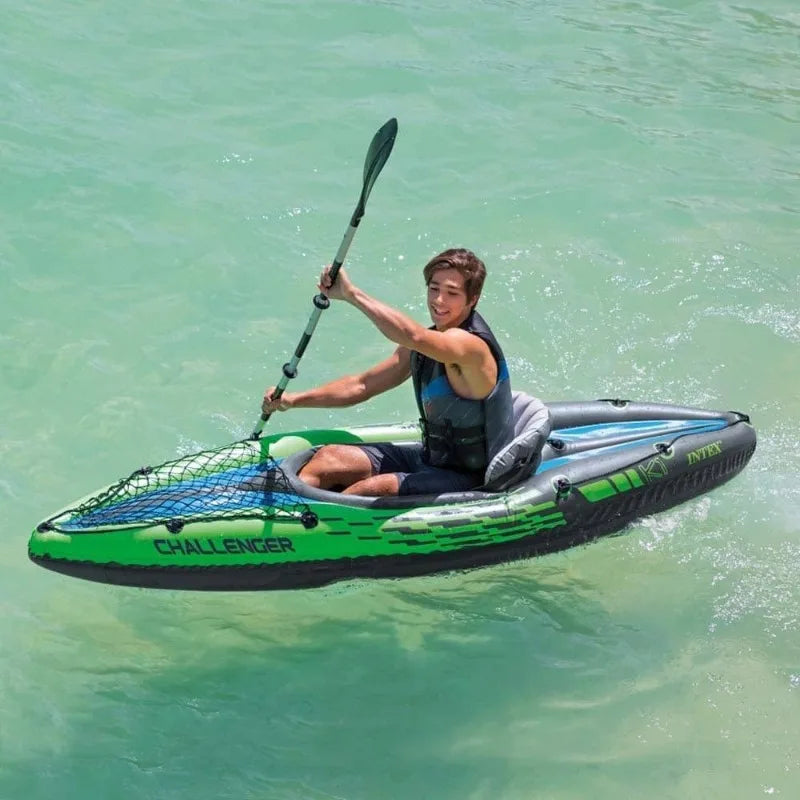 Intex Challenger K1 One Person Inflatable Kayak With Aluminum Oars And Hand Pump Green Blue