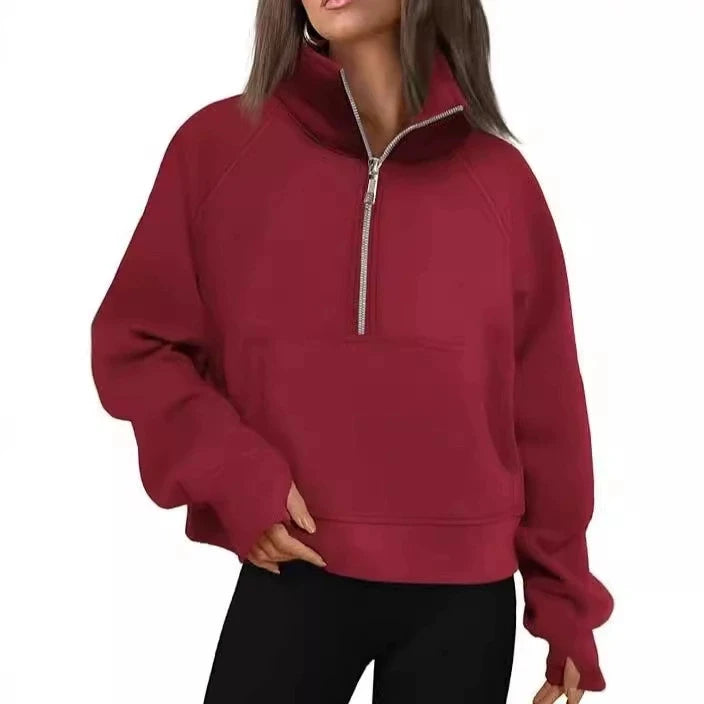 New Women All Season Stand Collar Fleece Hoodie Long Sleeve Pocket Loose Fit Half Zip Pullover Solid Color