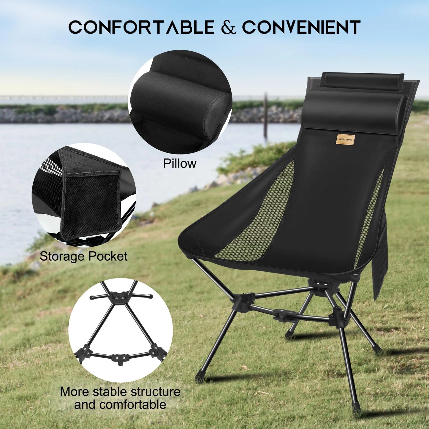 WestTune Folding Camping Chairs With Headrest And Storage Bag Lightweight For Outdoor Camping Hiking Travel Beach Sports