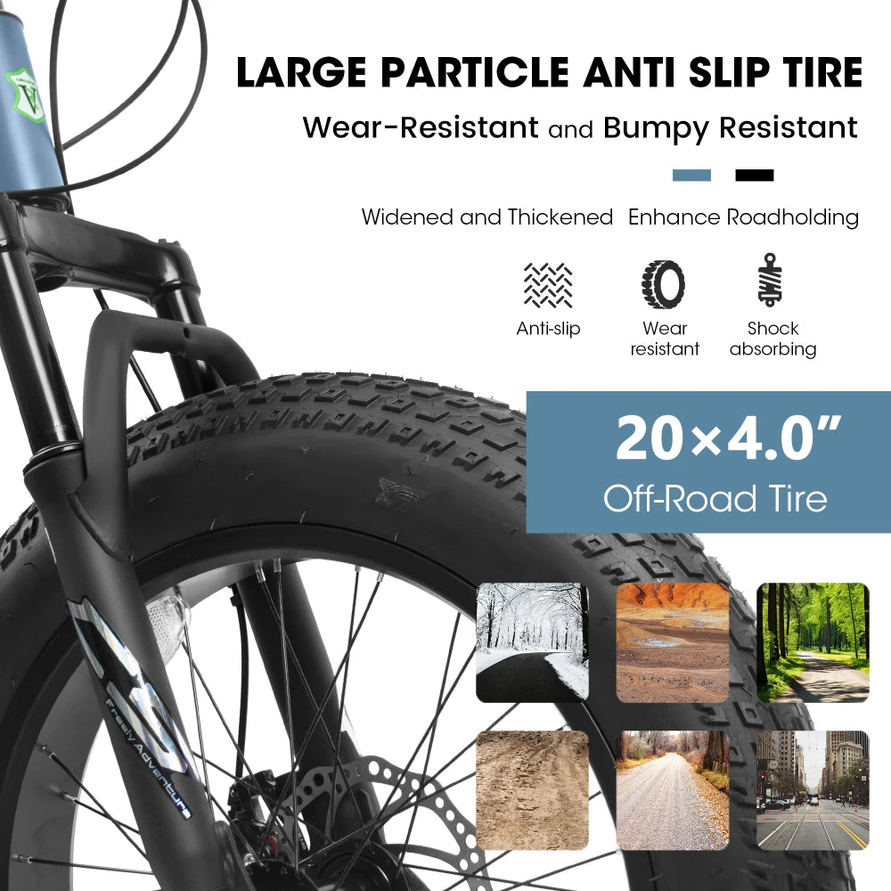 20 Inch Fat Tire Bike Adult 7 Speed Mountain Bike, Dual Disc Brakes, High Carbon Steel Frame, Front Suspension, Mountain Buggy