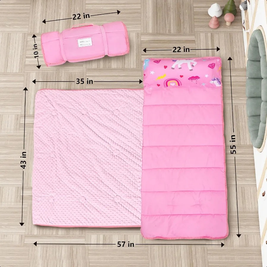 Toddler Nap Mat with Removable Pillow and Fleece Blanket Extra Large 55''x35'' Sleeping Bag Washable Light Easy to Roll up Perf