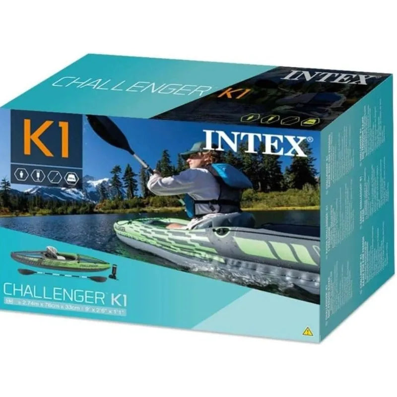 Intex Challenger K1 One Person Inflatable Kayak With Aluminum Oars And Hand Pump Green Blue