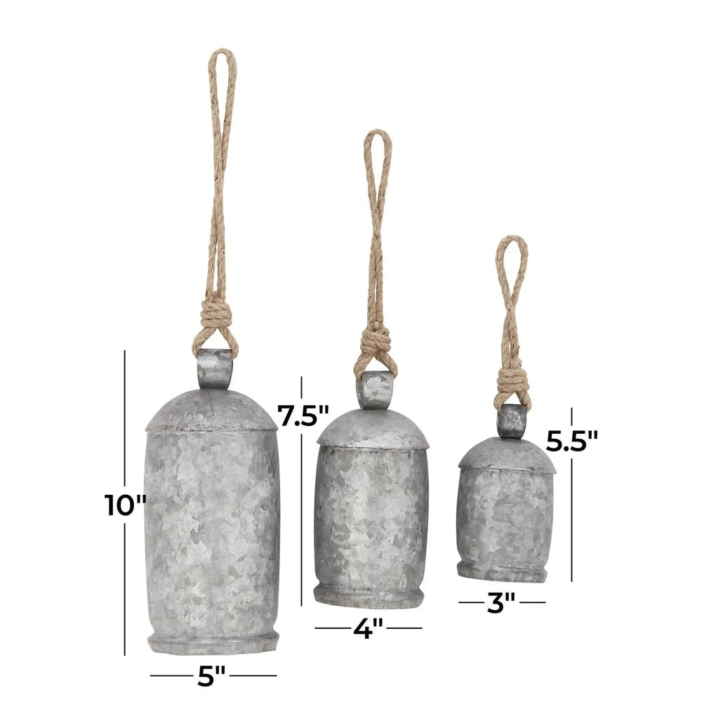Rustic Metal Tibetan Inspired Decorative Hanging Bell Chime Set of 3 Indoor Outdoor Meditation Bells with Jute Rope