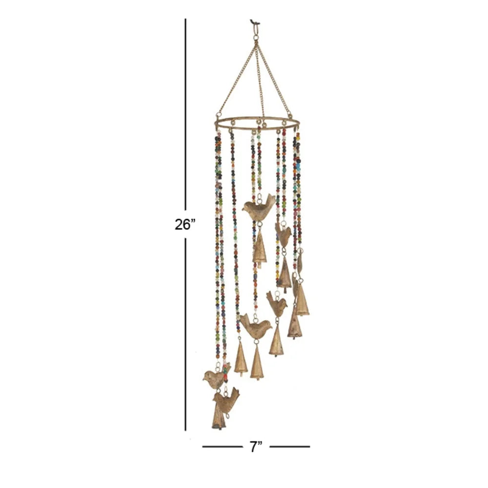 Gold Metal Bird Wind Chime with Glass Beads Cone Bells Indoor Décor Whimsical Musical Art Home Relaxation Gift Unique Design
