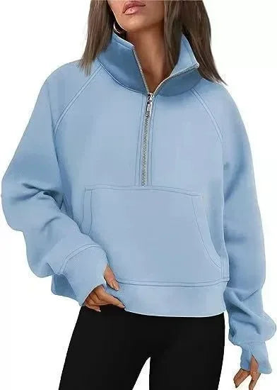 New Women All Season Stand Collar Fleece Hoodie Long Sleeve Pocket Loose Fit Half Zip Pullover Solid Color