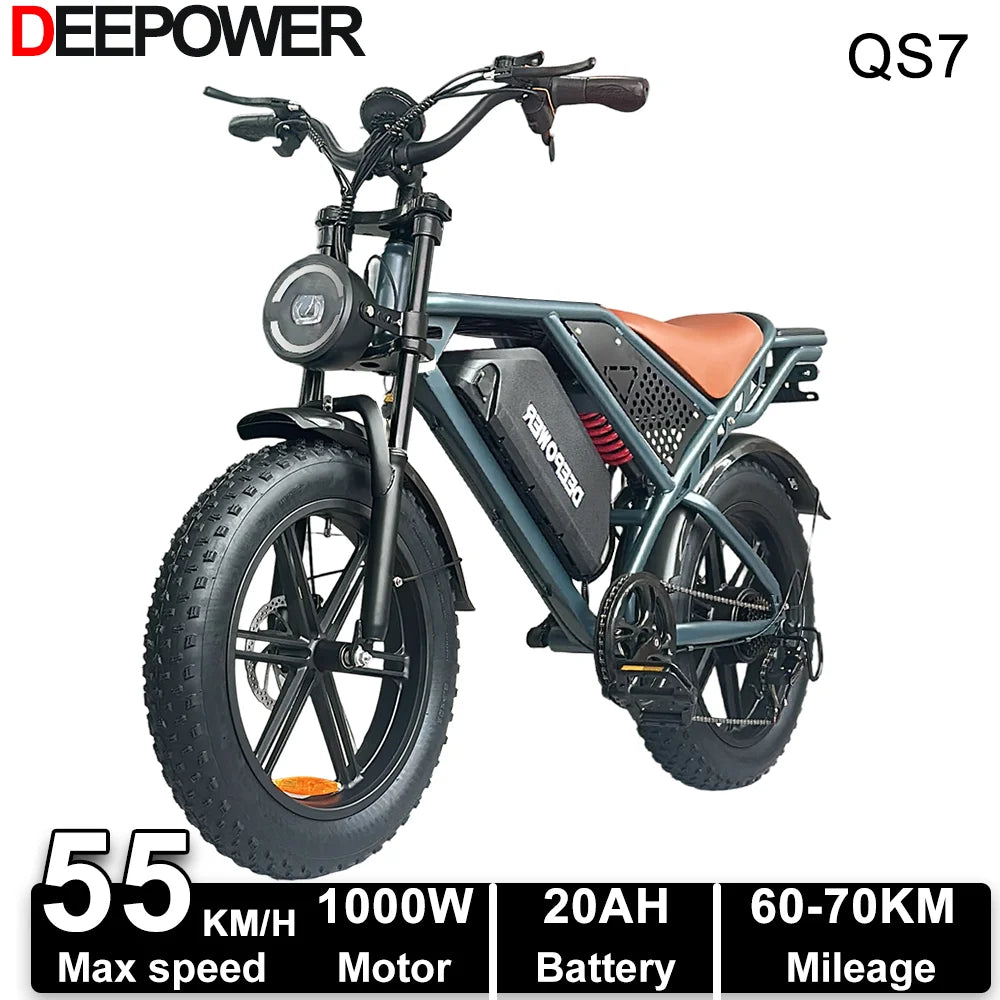 Deepower Electric Bike QS7 1000W 48V 60AH 20 Inch Fat Tire Ebike for Adults Mountain Off-Road Dual Batteries Electric Bicycle