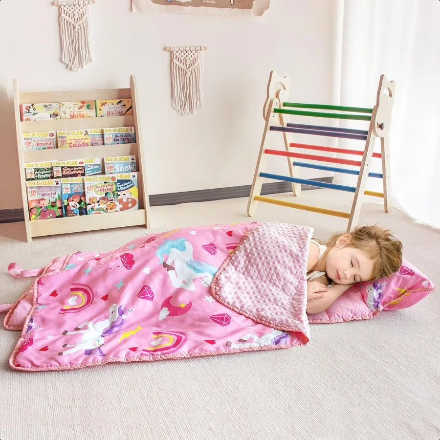 Toddler Nap Mat with Removable Pillow and Fleece Blanket Extra Large 55''x35'' Sleeping Bag Washable Light Easy to Roll up Perf