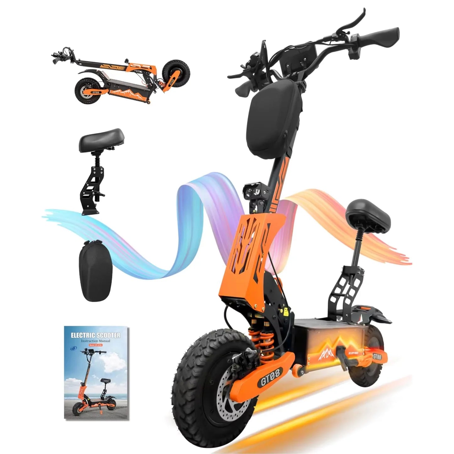 GT08 5600W Adult Electric Scooter Dual Motor Top Speed 50MPH,60V27AH, 11-inch Off-Road Tires Sport Folding eScooter with Seat