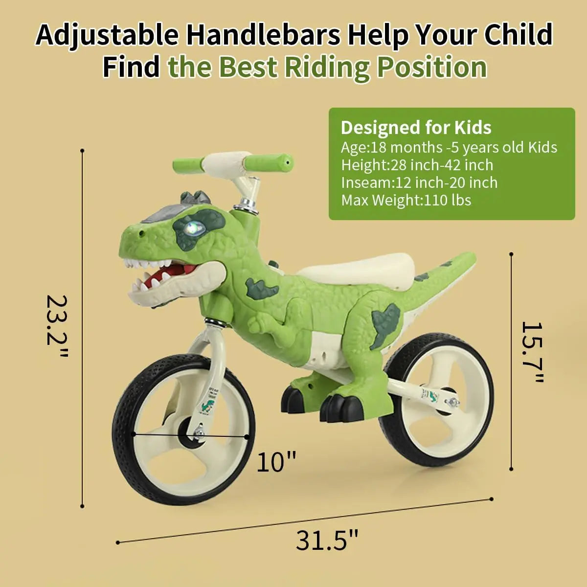 Dinosaur-Themed Toddler Balance Bike Toys for 2-7 Year Old Girls & Boys - Music & Lighting Effects, No-Pedal Training Bike, Best