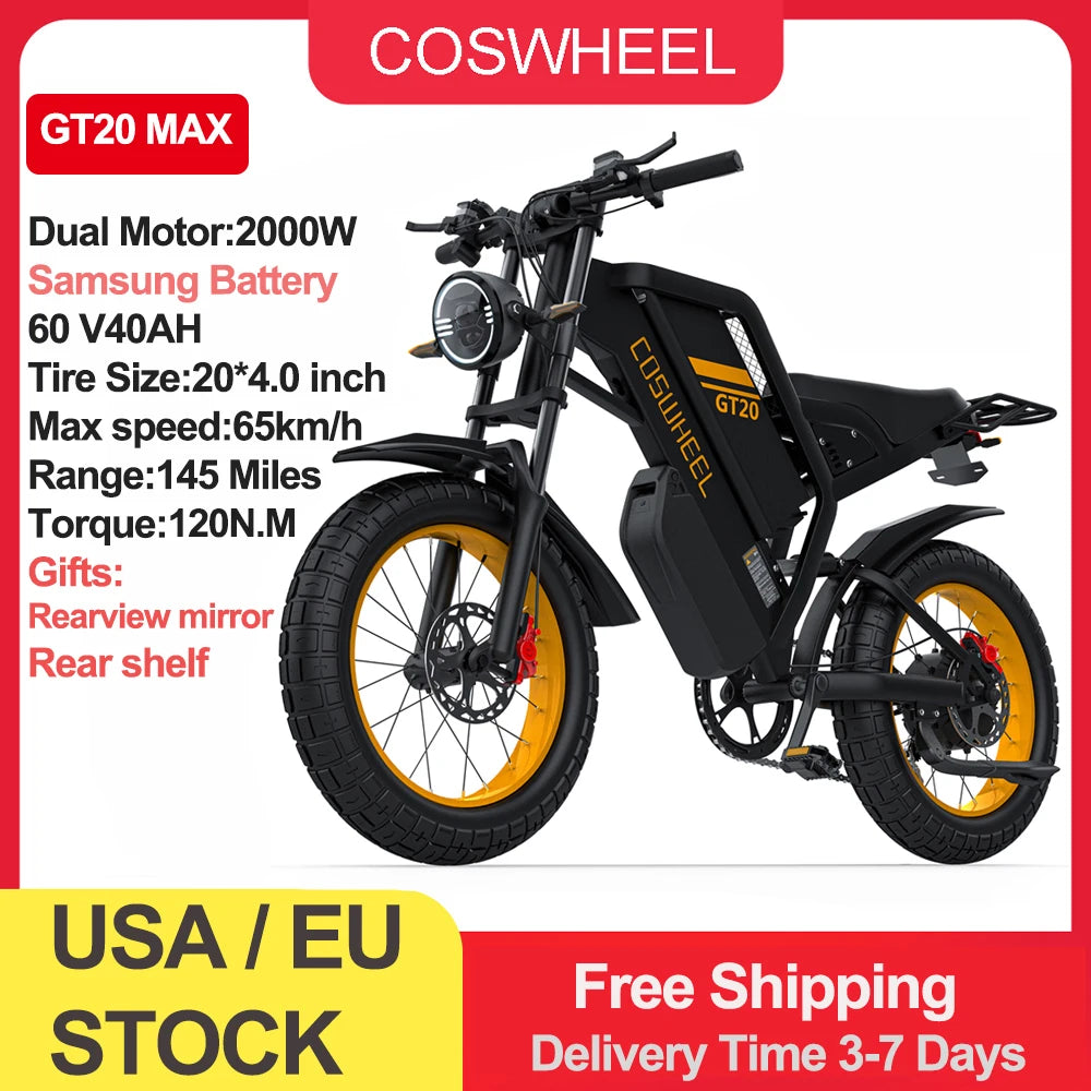 Coswheel Ebike GT20 Pro 3000W 48V 40AH Electric Motorcycle Max 145 Miles Fat Tire Mountain Electric Bike Adult Off-Road bicycle