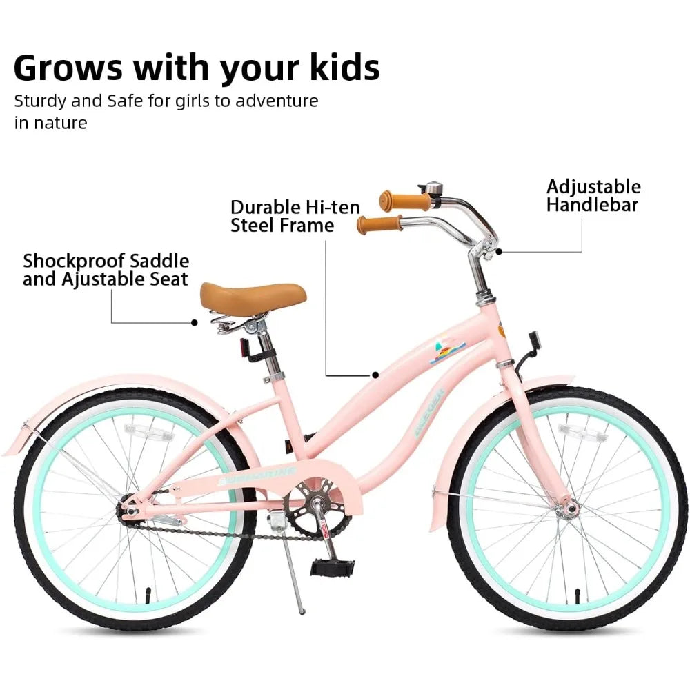 Children's Beach Cruiser Bicycle, Suitable for Ages 5-13, Available in 16, 18, 20, 24 Inch Sizes with Single Speed and Coaster B